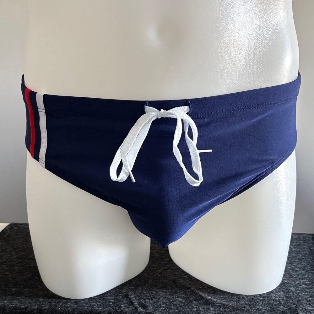 Classic Navy Men's Swim Trunks with Red Stripe